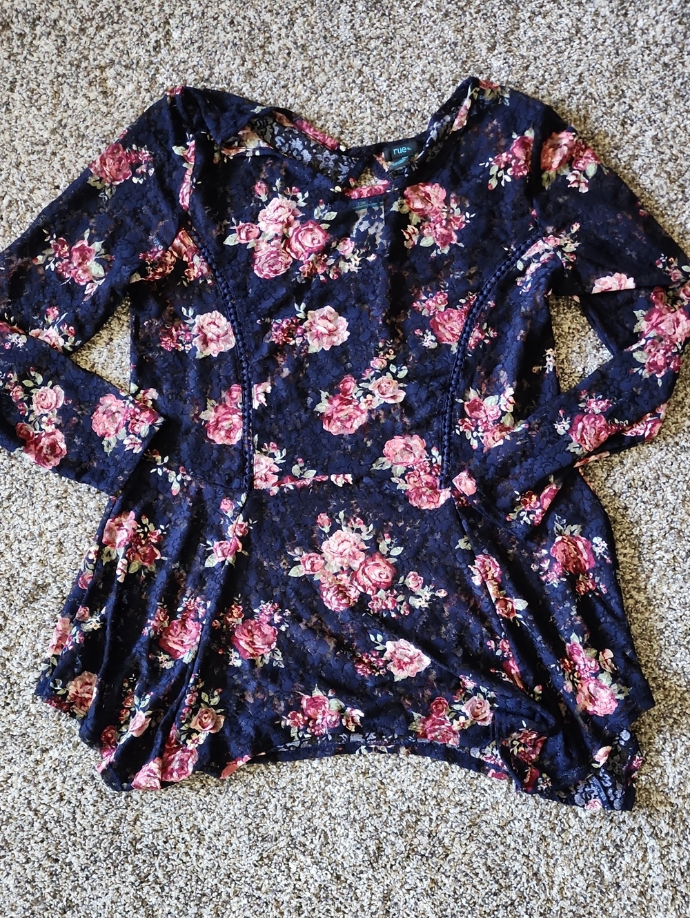 Rue 21 Navy Floral Lace-Overlay Long Sleeve Top - Pink Rose Print 1x